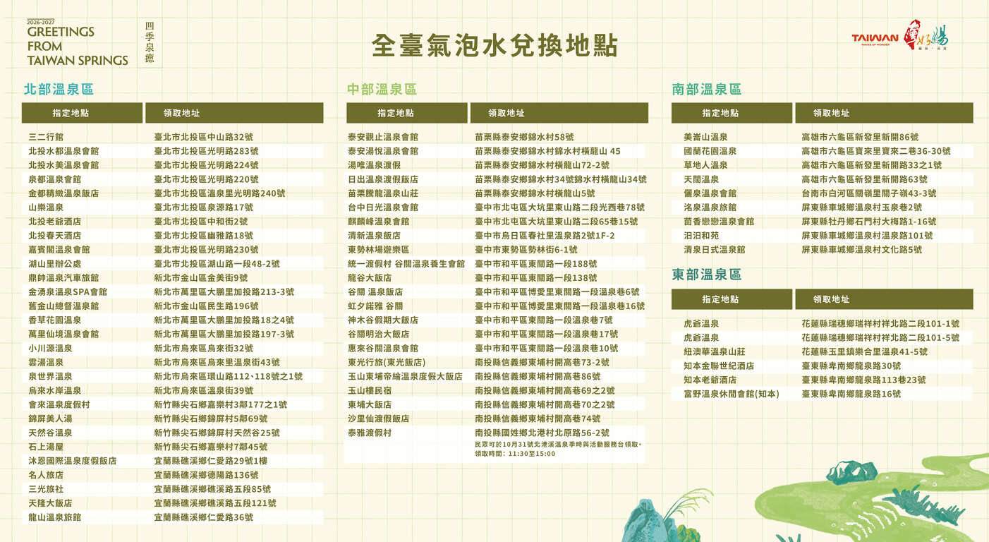 2.走訪溫泉區拍照分享，即可至指定地點兌換泉癒氣泡水